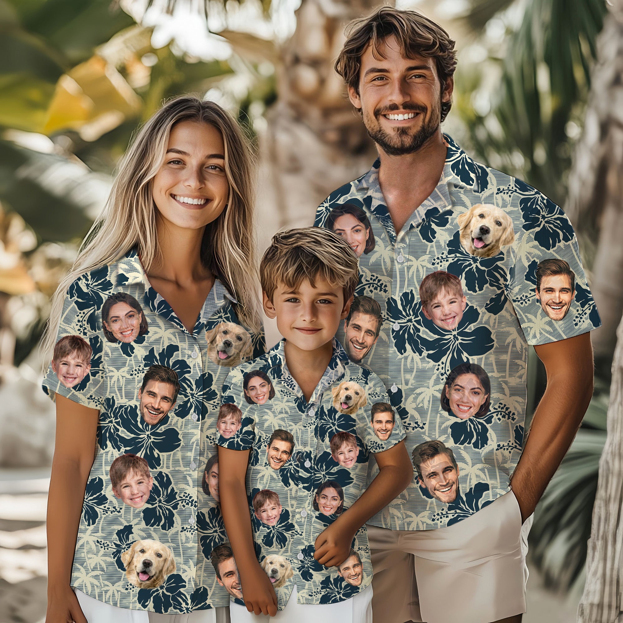 Custom Face Hawaiian Shirt, Personalized Photo Aloha Shirt with Family & Pet Faces, Tropical Floral Design