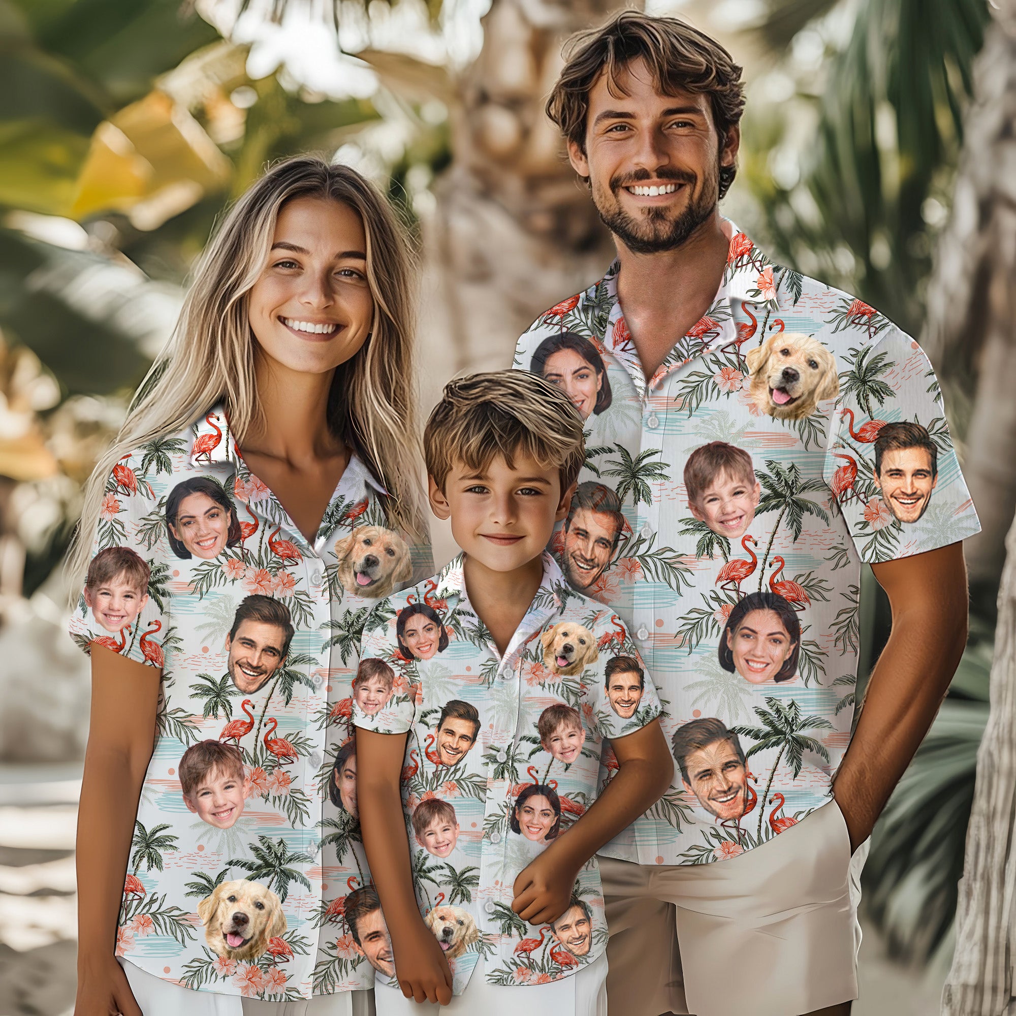 Custom Face Hawaiian Shirt, Personalized Flamingo & Palm Tree Aloha Beach Shirt, Family Vacation Gift