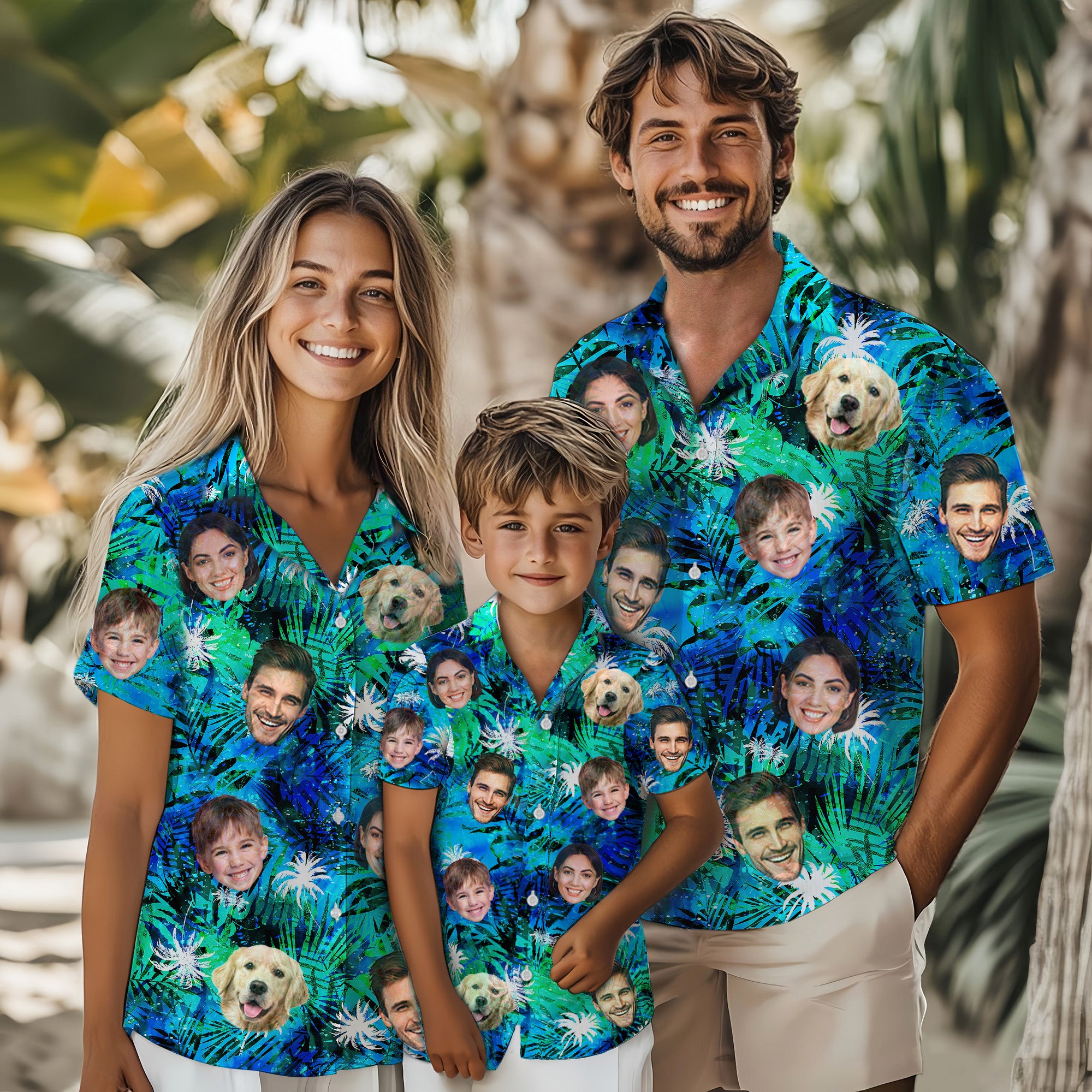Custom Tropical Blue Hawaiian Shirt with Faces, Personalized Family Beach Vacation Shirt with Pet Photo