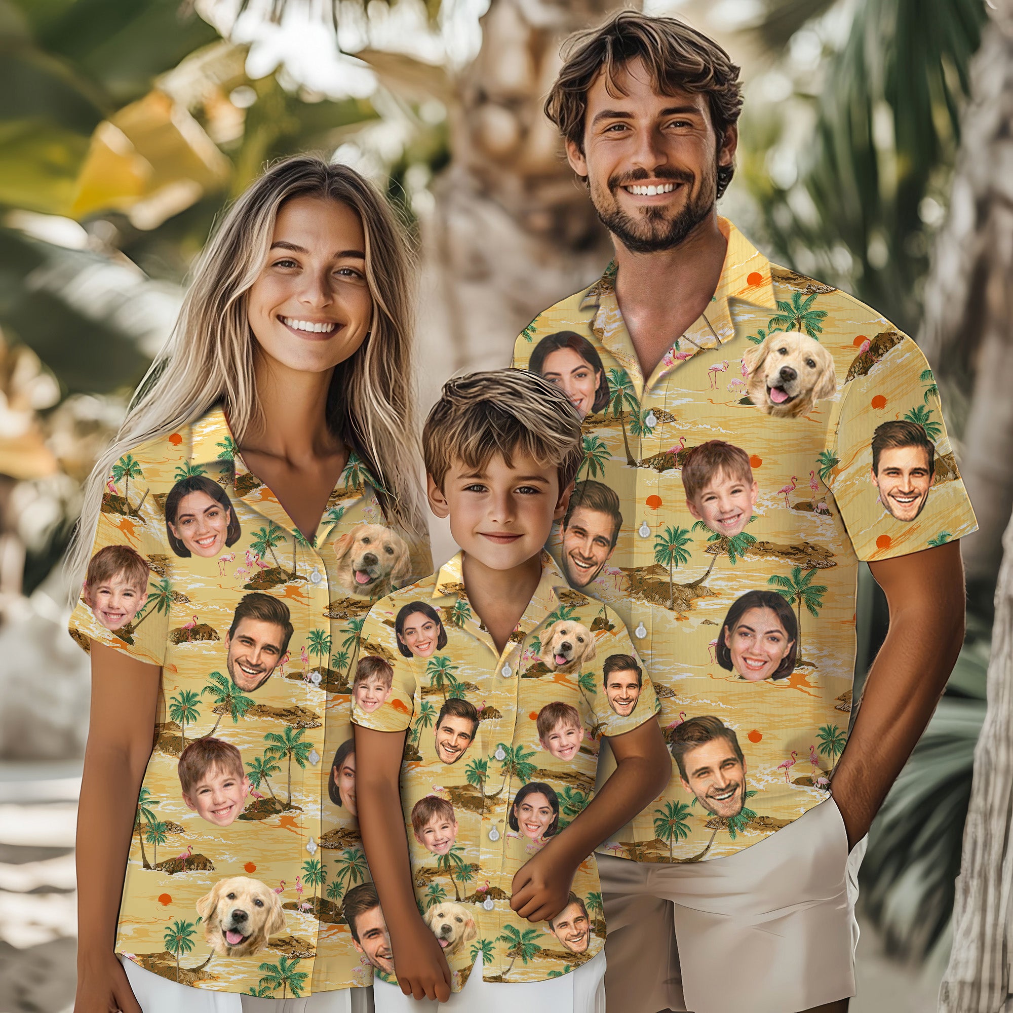 Custom Face Aloha Shirt for Men, Personalized Tropical Island Shirt with Family & Pet Faces, Beach Sunset Design