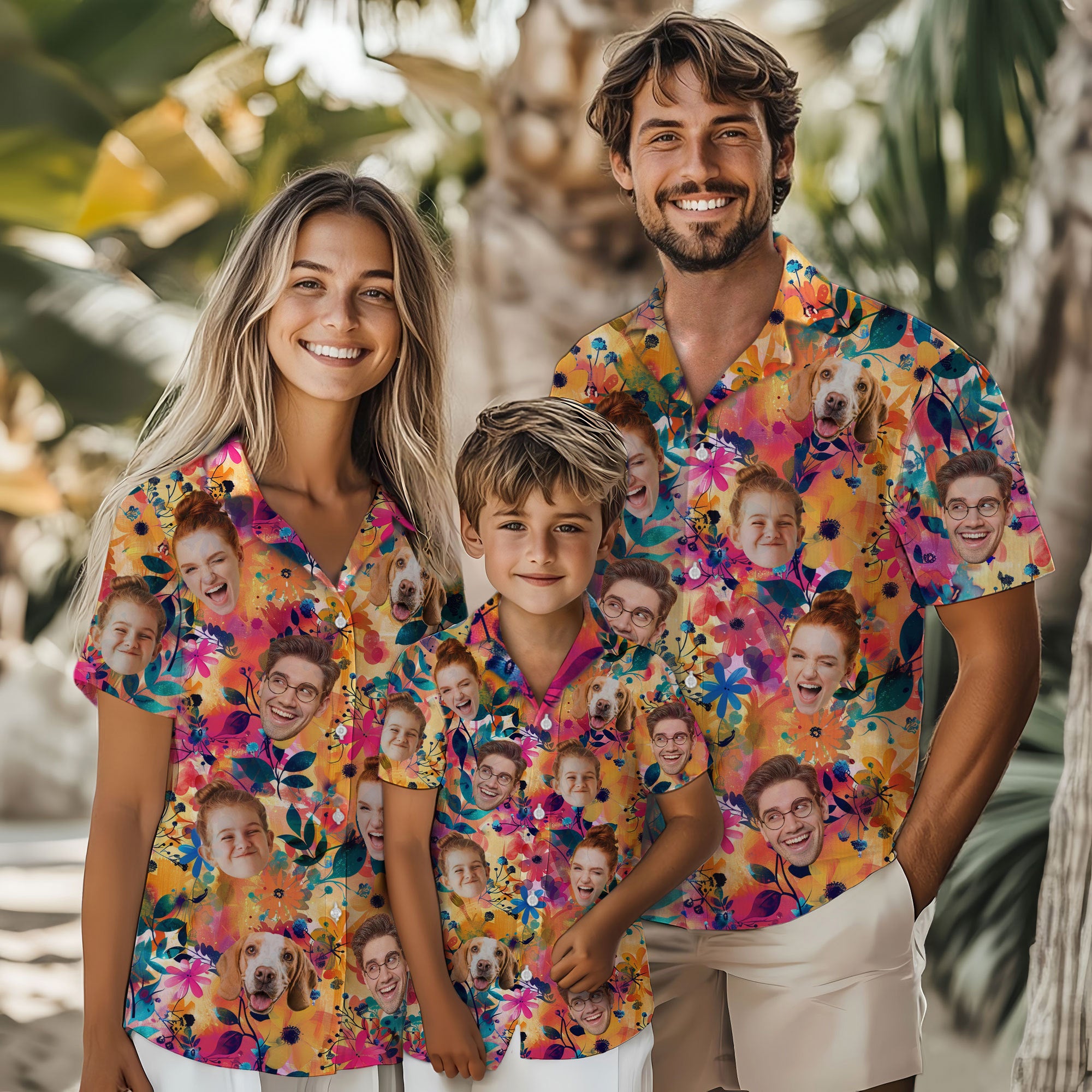 Custom Face Hawaiian Shirt, Personalized Tropical Floral Shirt with Family and Pet Faces, Funny Summer Vacation Gift for Men
