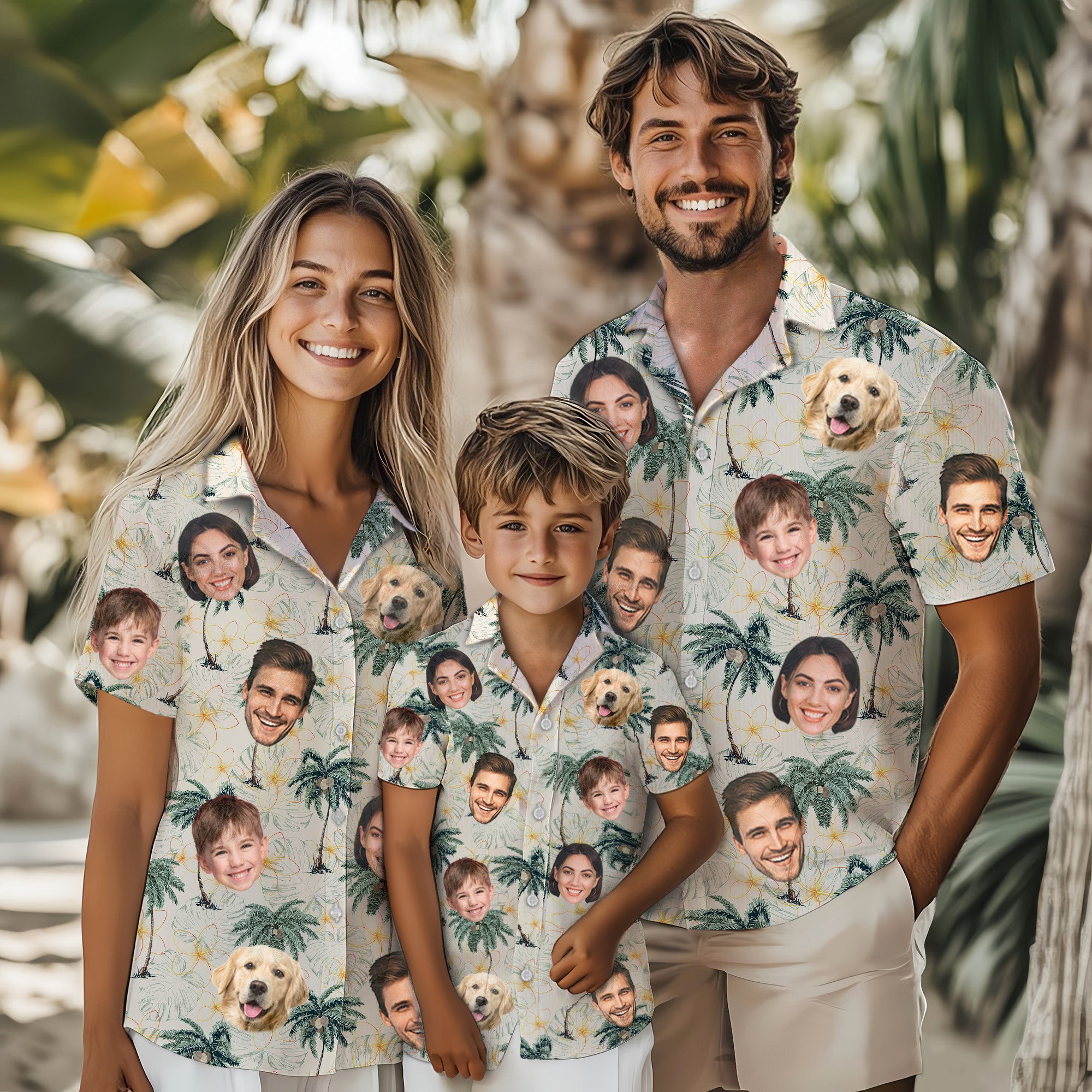 Custom Face Hawaiian Shirt for Men, Personalized Vacation Shirt with Family & Pet Faces, Palm Tree Summer Print