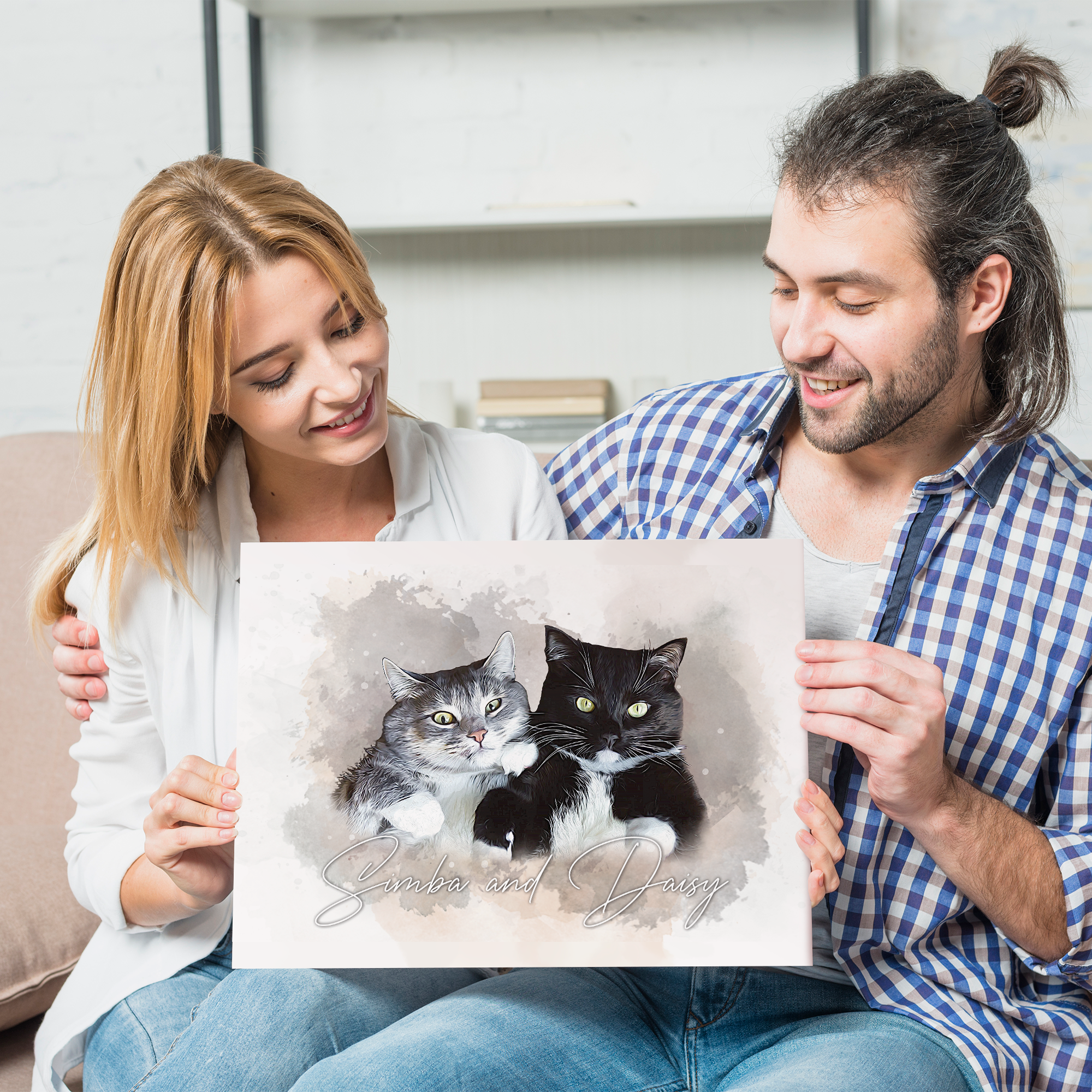 Custom Cat Portrait Canvas, Personalized Watercolor Pet Memorial Wall Art, Gift for Cat Lovers