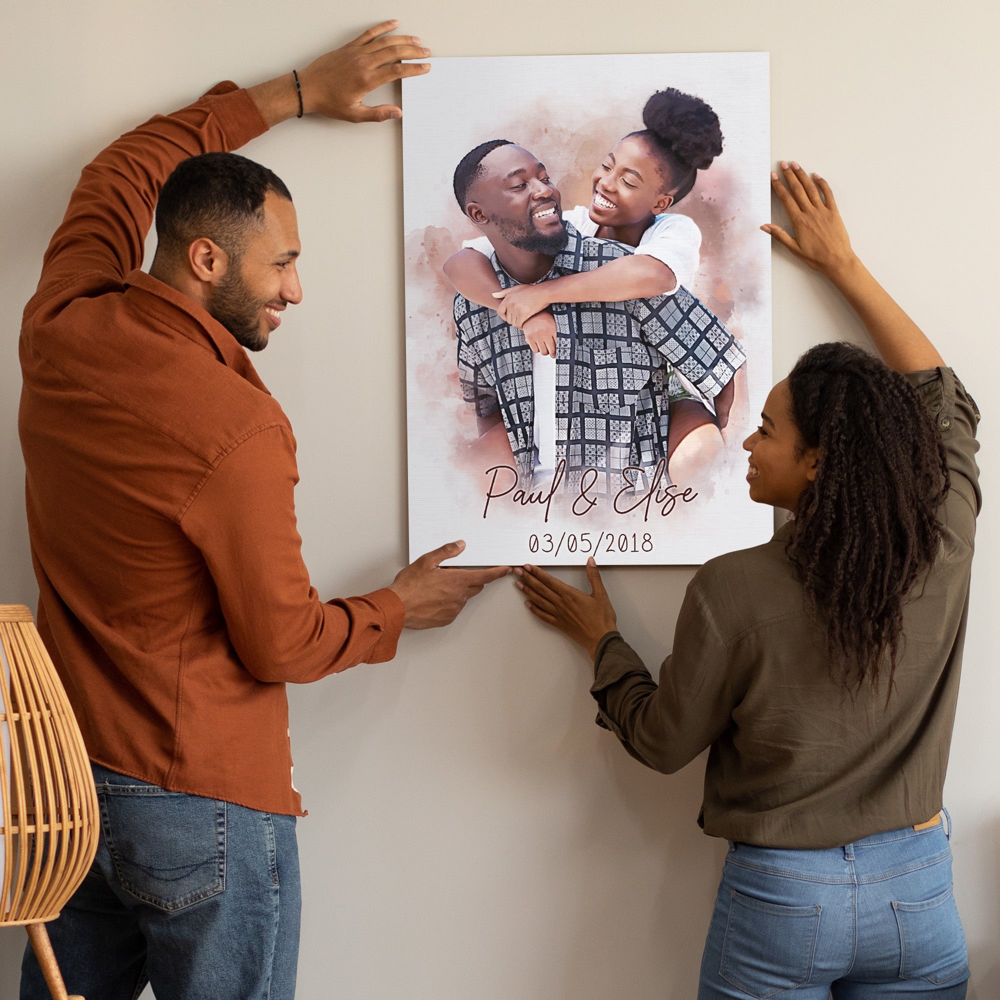 Custom Couple Portrait Print, Personalized Watercolor Wedding Photo Canvas, Romantic Anniversary Gift for Him & Her