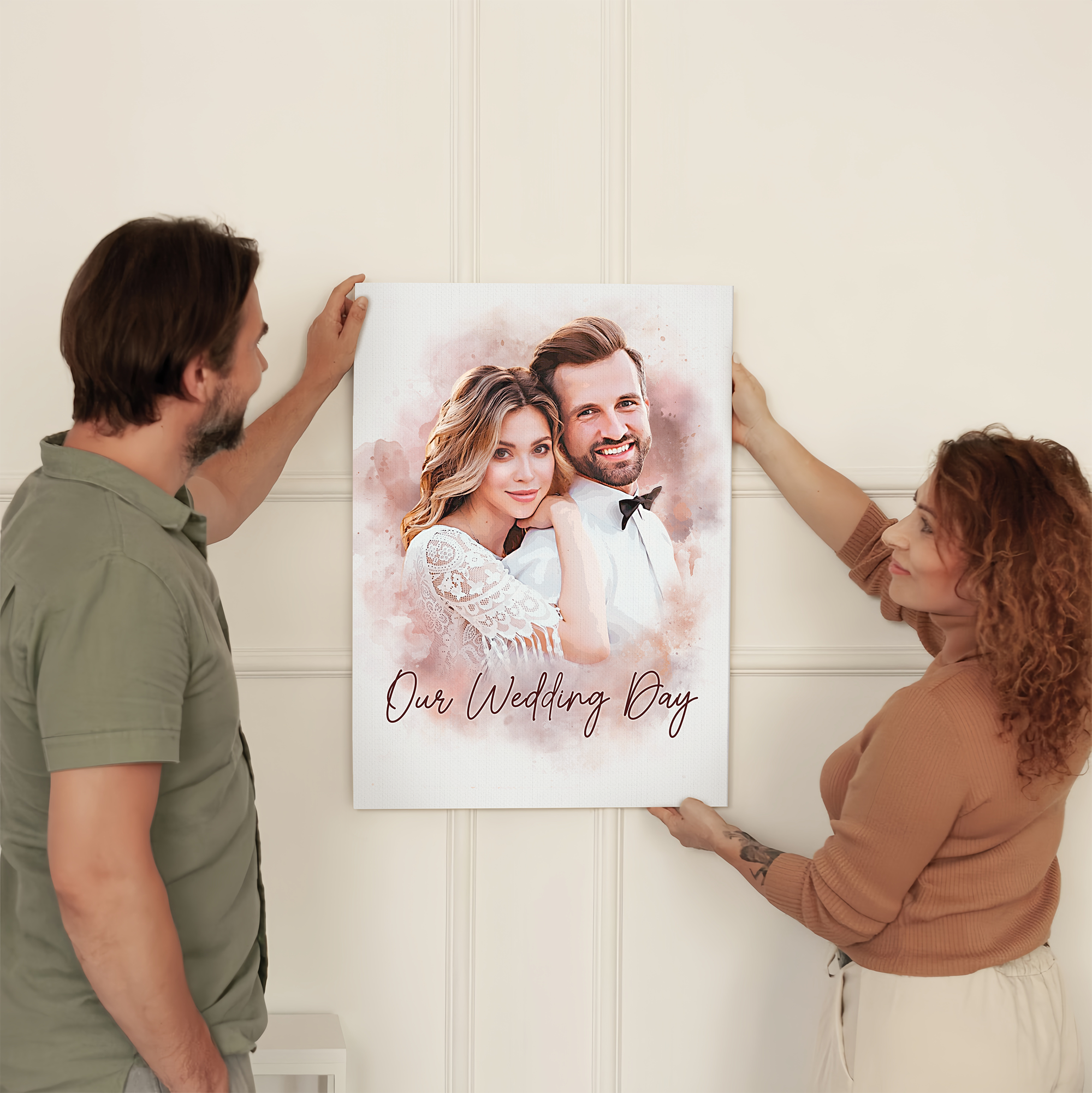 Custom Couple Portrait Canvas, Personalized Watercolor Anniversary Gift, Together Since 2024 Print