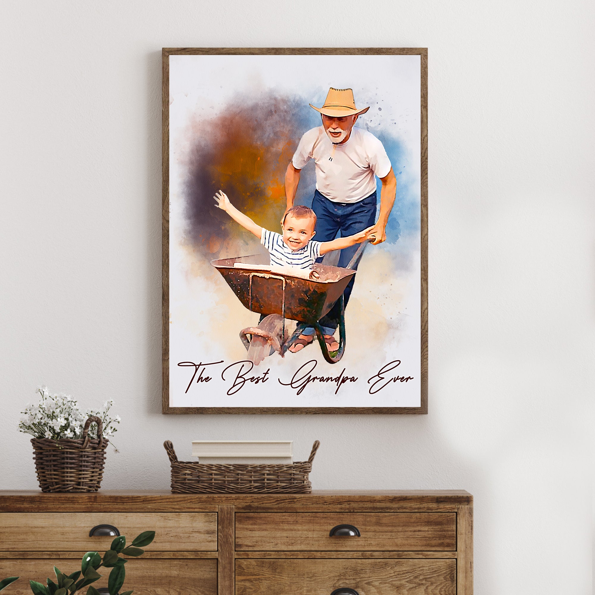 Custom Father and Son Portrait Print, Personalized Watercolor Effect Canvas, Dad and Child Wall Art Gift for Father’s Day
