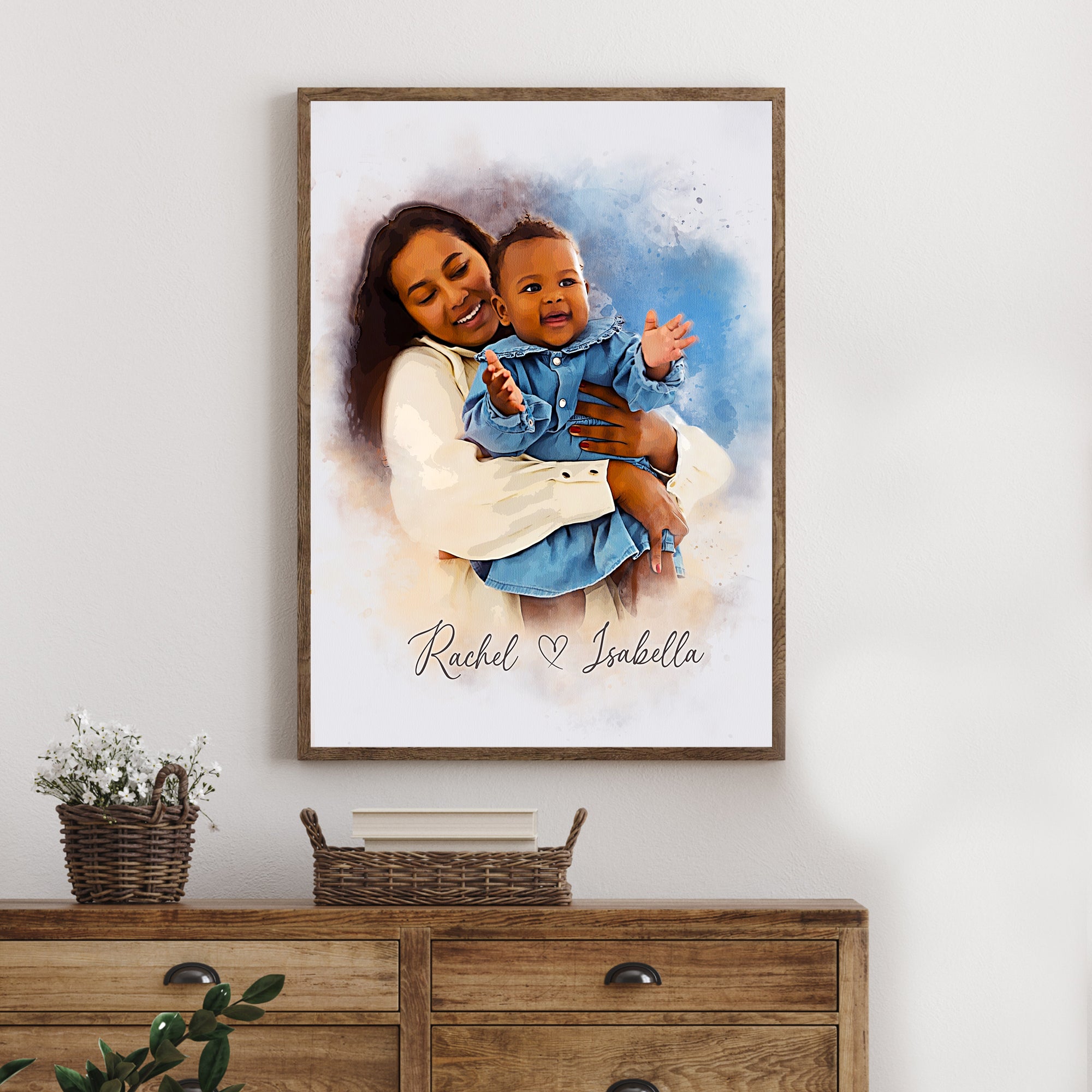 Custom Mom Portrait Poster Canvas Prints with Your Photos, Personalized Watercolor Grandma Picture Frame, Customized Family Portrait Pictures