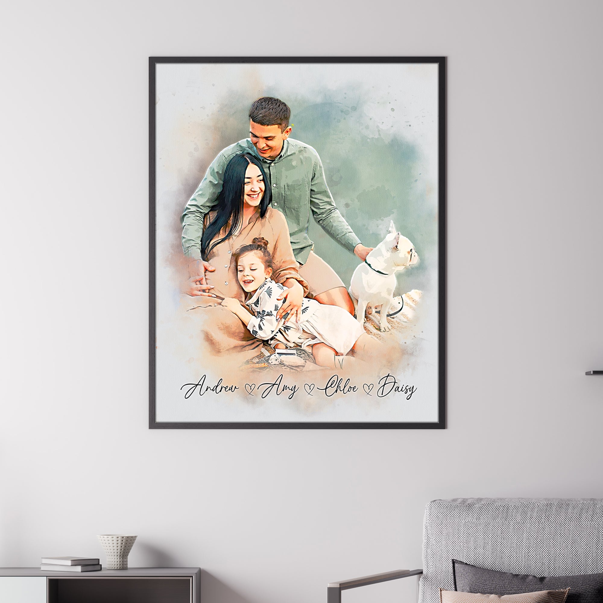 Custom Mom Portrait Poster Canvas Prints with Your Photos, Personalized Watercolor Grandma Picture Frame, Customized Family Portrait Pictures
