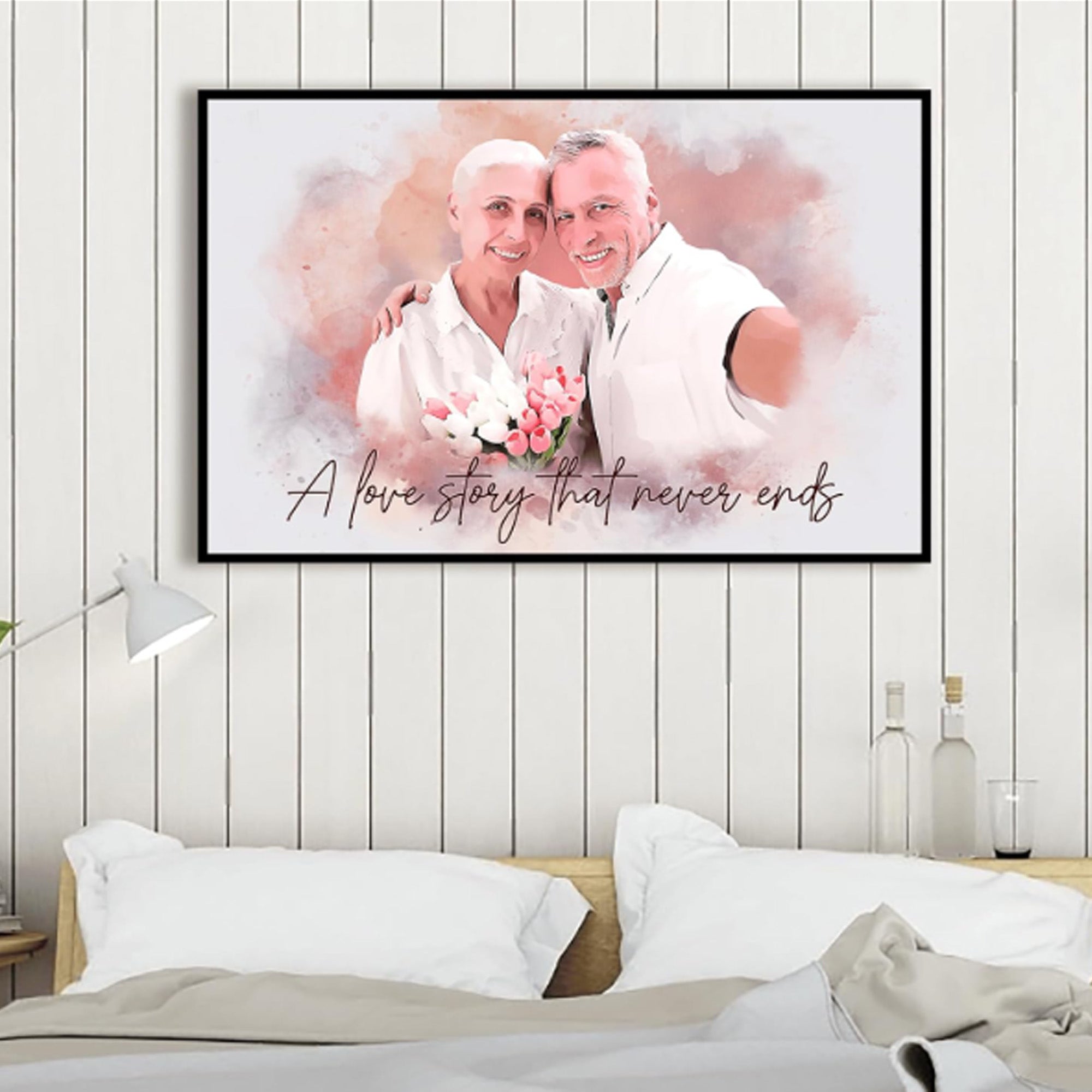 Custom Couple Portrait Print, Personalized Watercolor Wedding Photo Canvas, Romantic Anniversary Gift for Him & Her