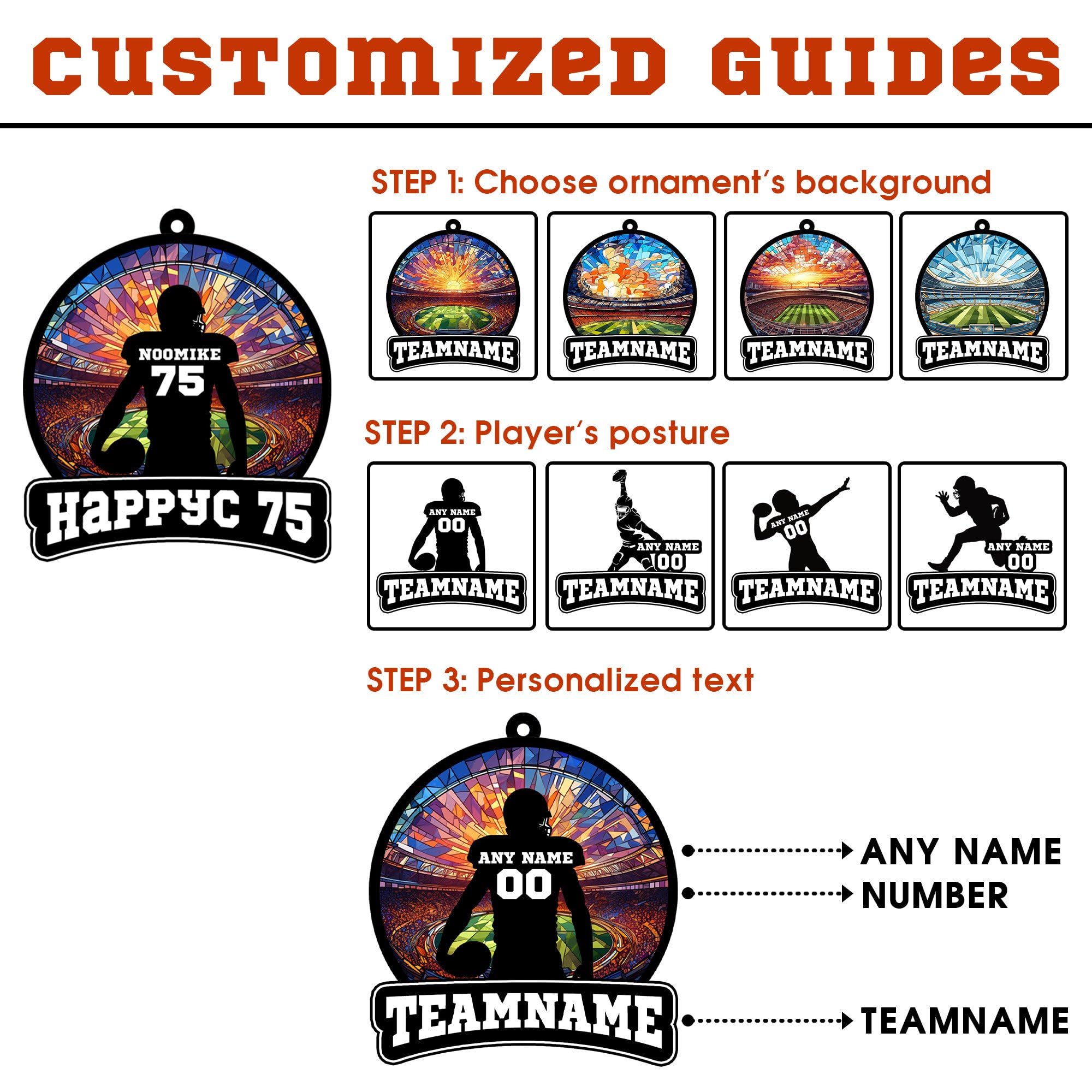 Personalized Football Suncatcher Ornament with Name, Number, Team Name D9