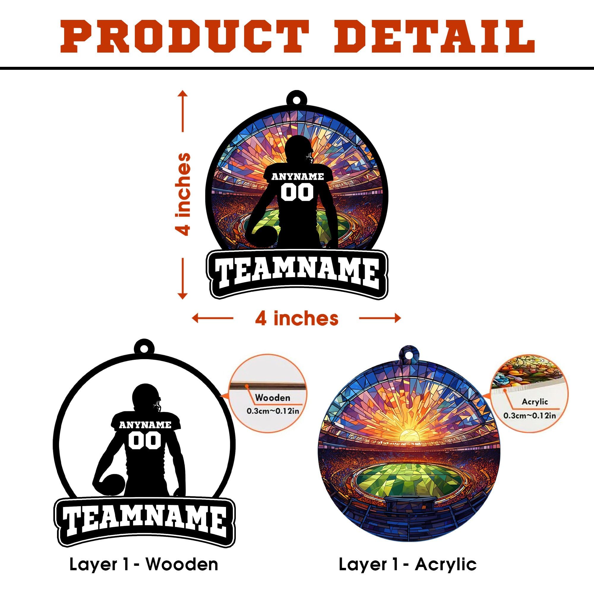 Personalized Football Suncatcher Ornament with Name, Number, Team Name D5