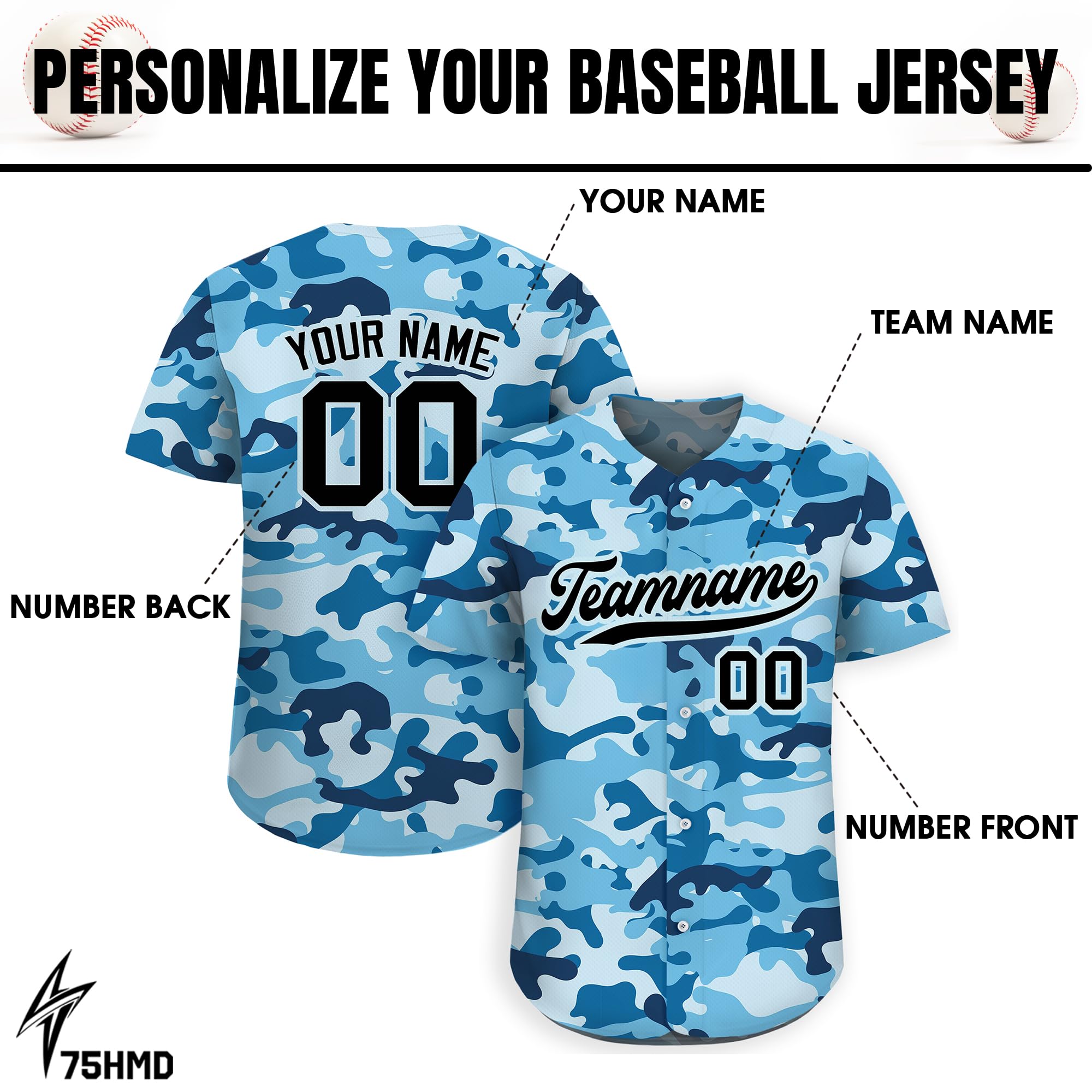 Personalized Camo Baseball Jersey with Custom Teamname Name Number, Men Women Youth D1