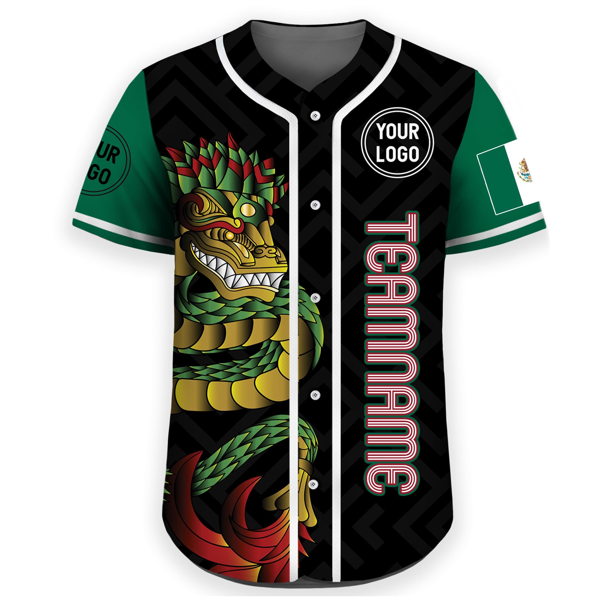 Custom Baseball Jersey with Mexico Flag Green Black Dragon