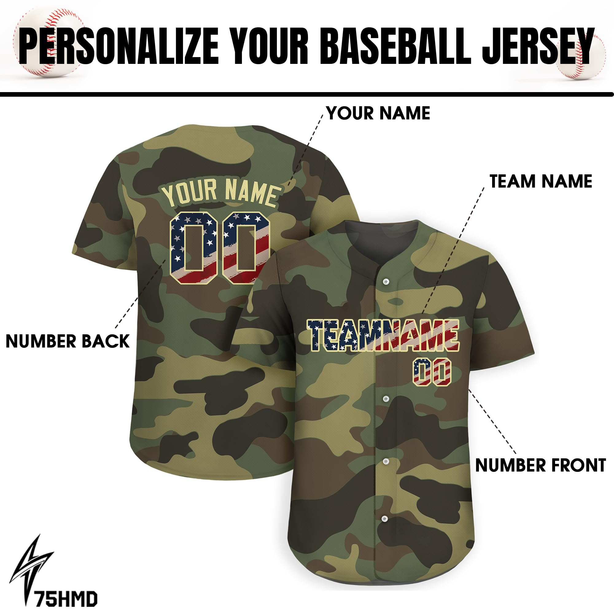 Personalized Camo Baseball Jersey with Custom Teamname Name Number, Men Women Youth D2