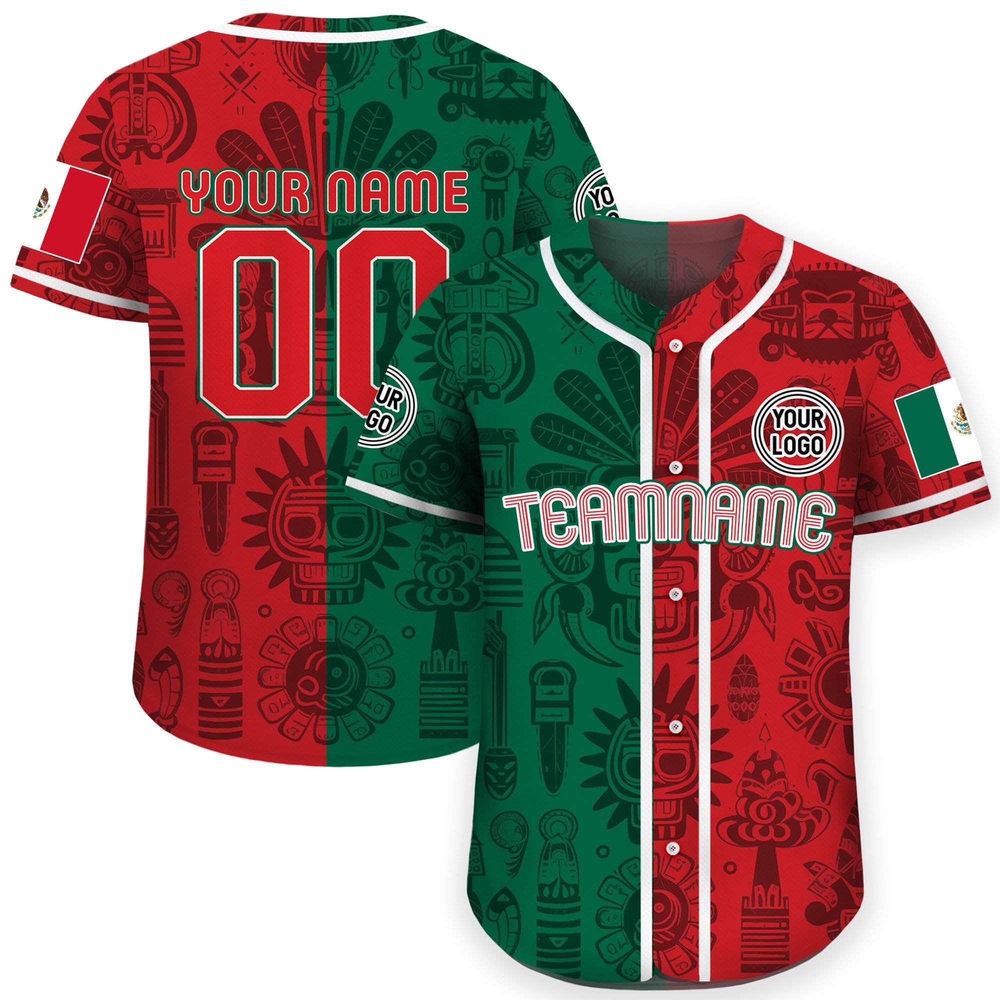 Custom Baseball Jersey with Mexico Flag Green Red