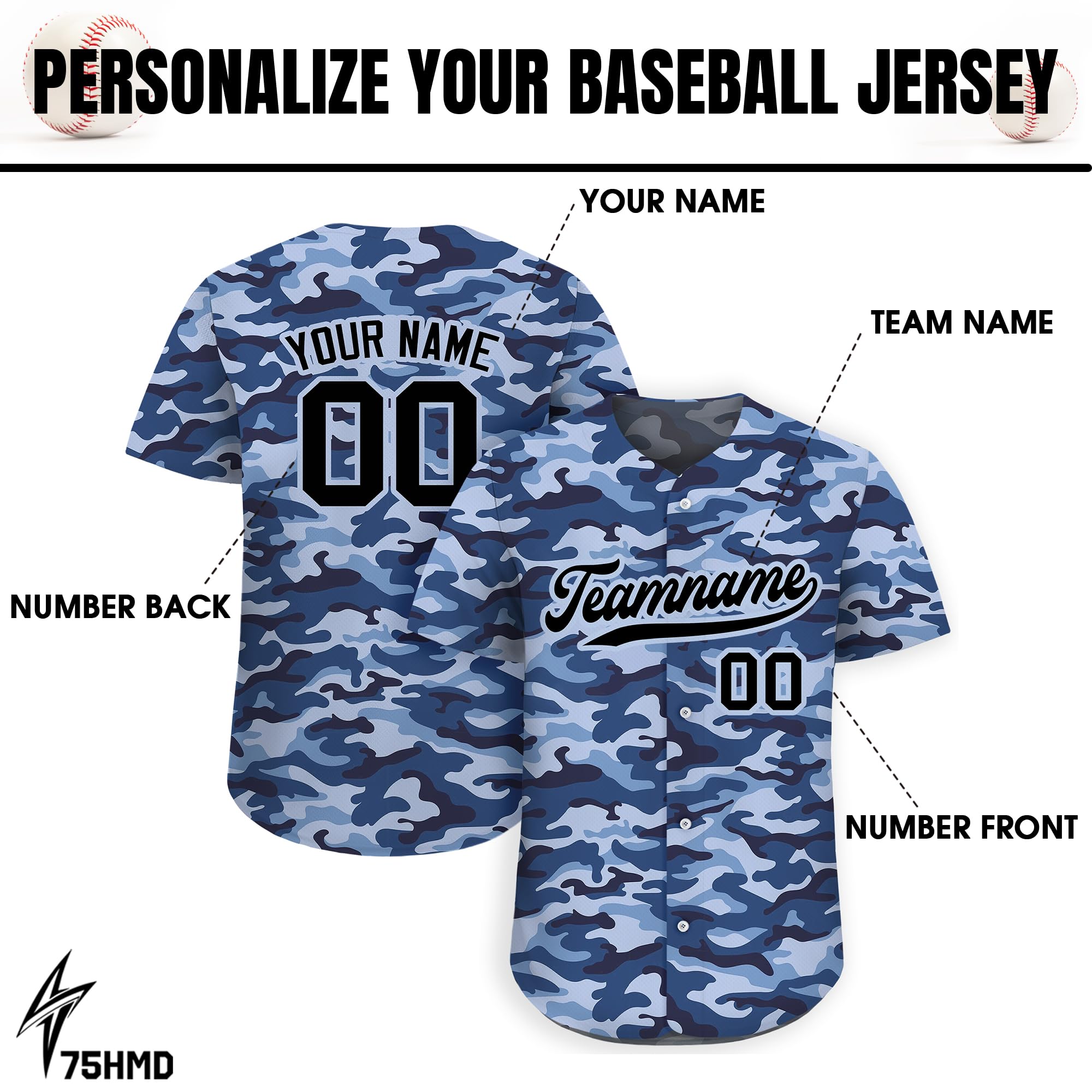 Personalized Camo Baseball Jersey with Custom Teamname Name Number, Men Women Youth D3