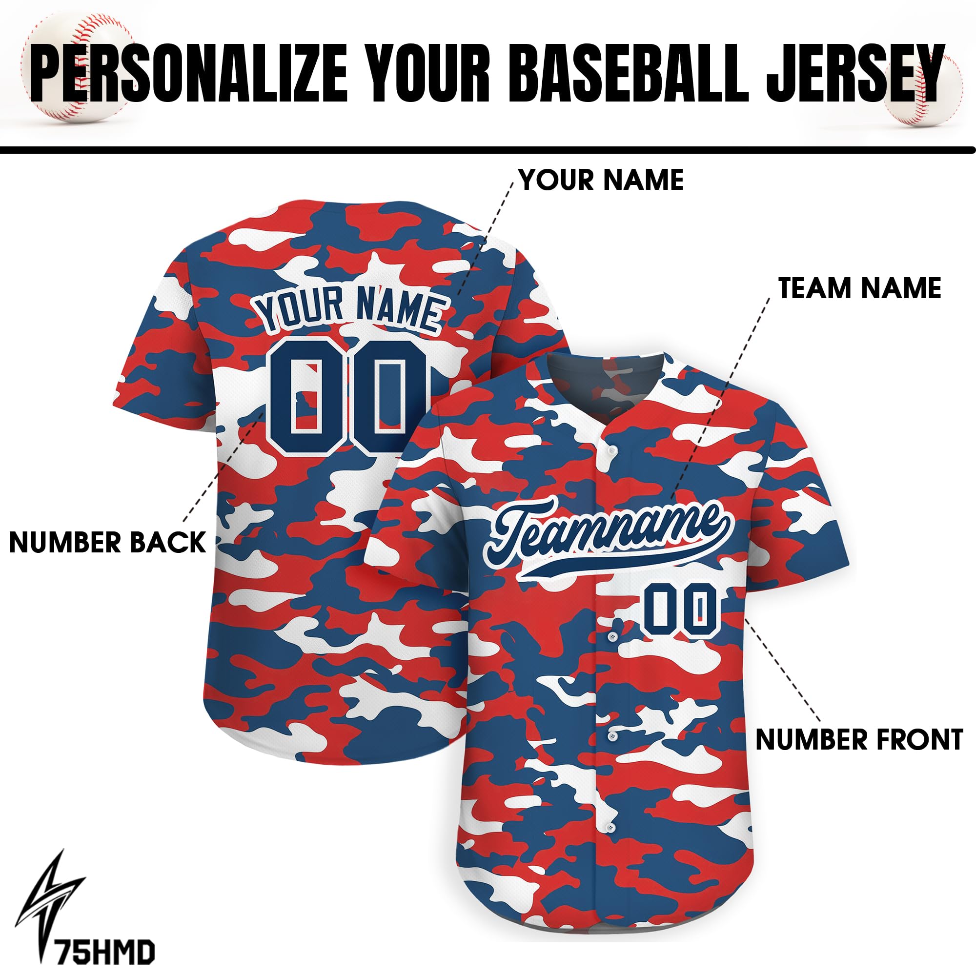 Personalized Camo Baseball Jersey with Custom Teamname Name Number, Men Women Youth D4