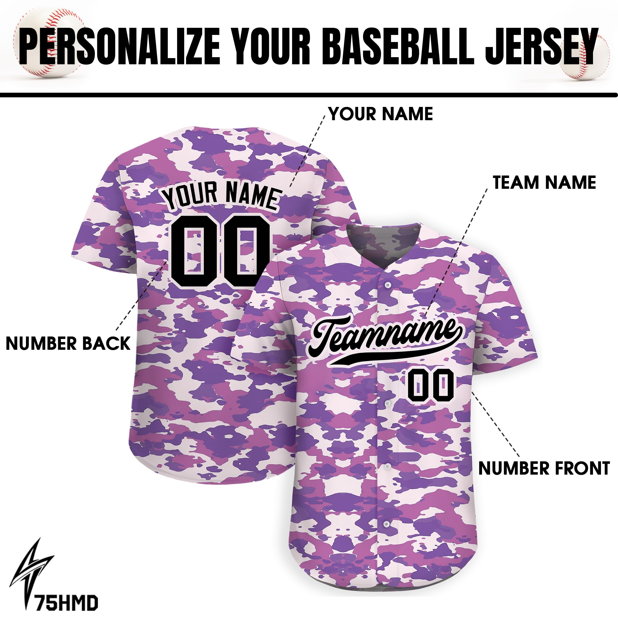 Personalized Camo Baseball Jersey with Custom Teamname Name Number, Men Women Youth D5