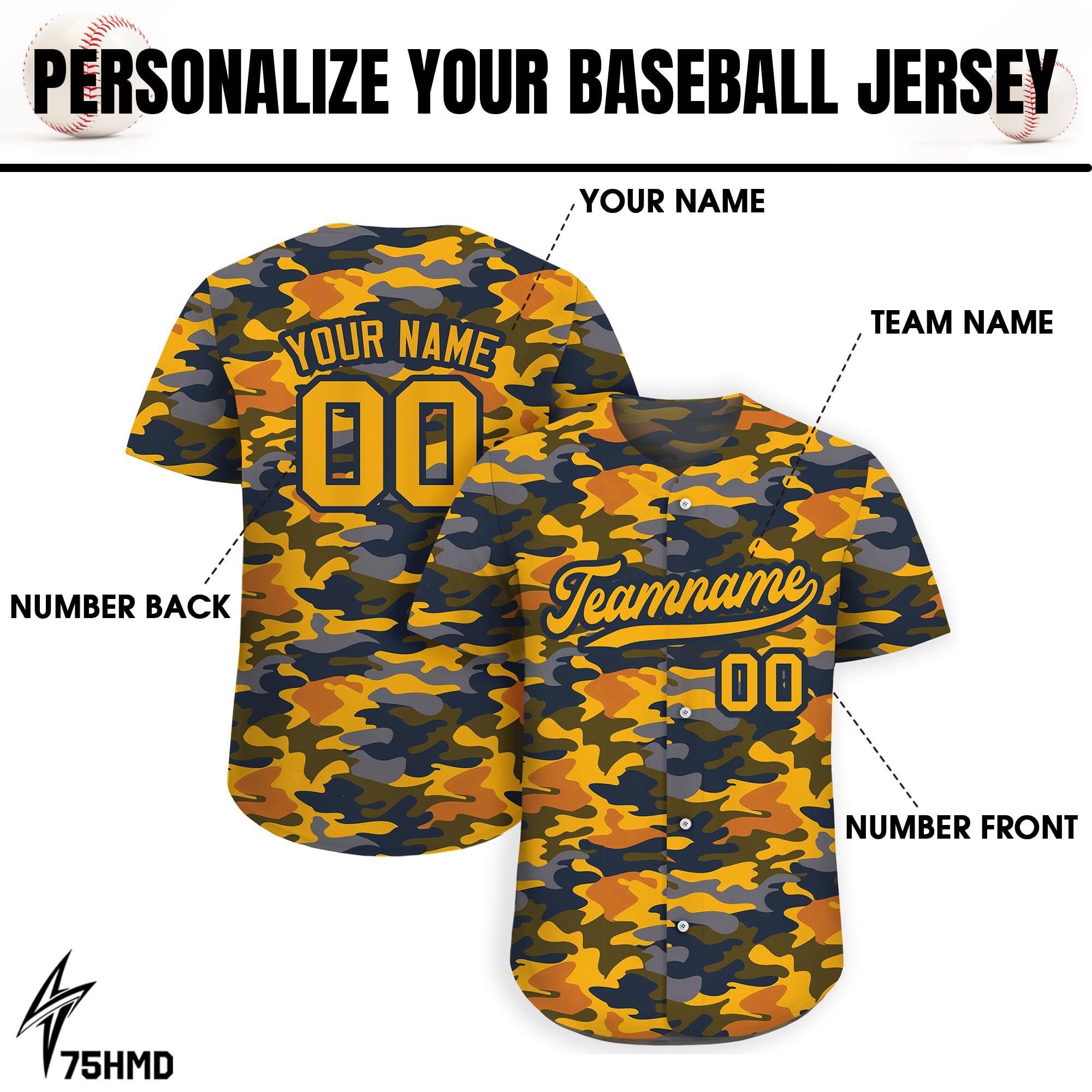 Personalized Camo Baseball Jersey with Custom Teamname Name Number, Men Women Youth D6
