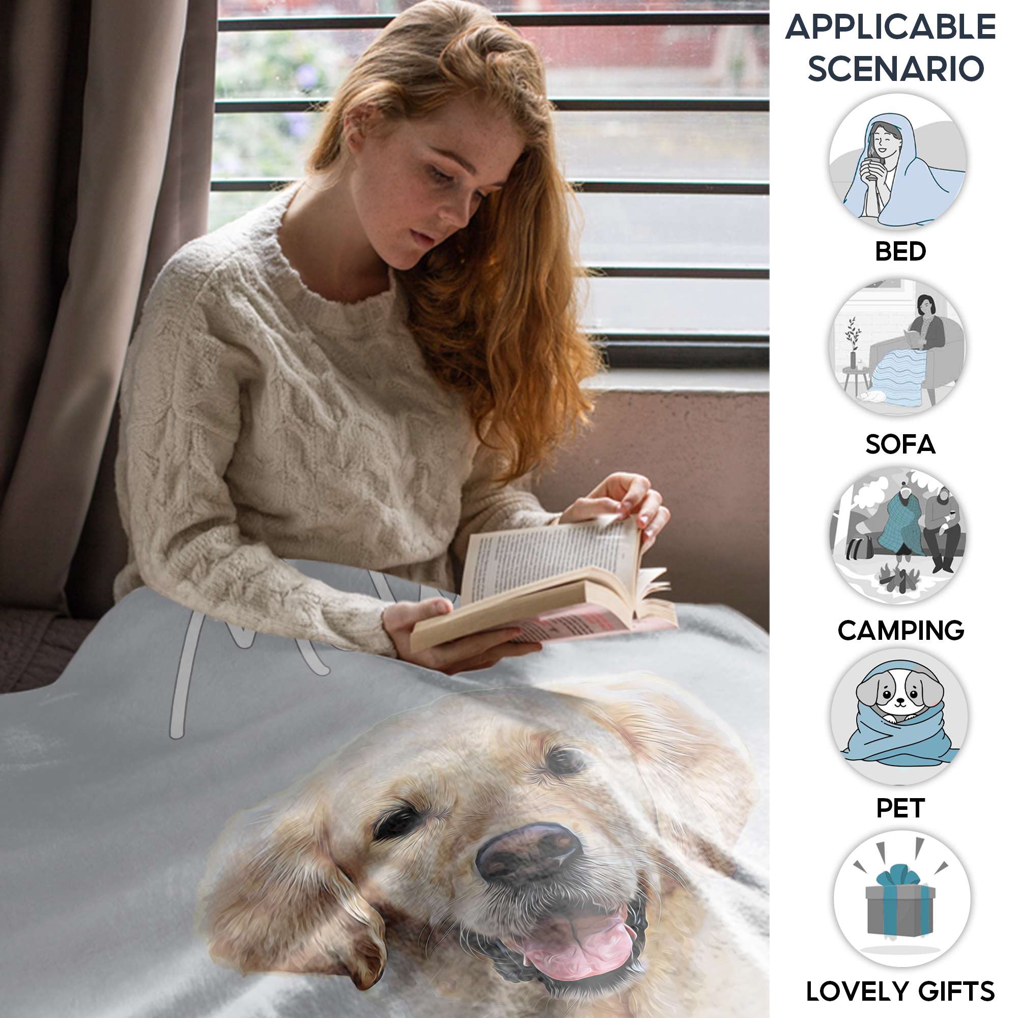 Personalized Dog Portrait Blanket, Customized Dog Blankets with Photos and Text, Personal Flannel Blankets with Pictures, Custom Pet Memorial Gifts for Loss of Dog